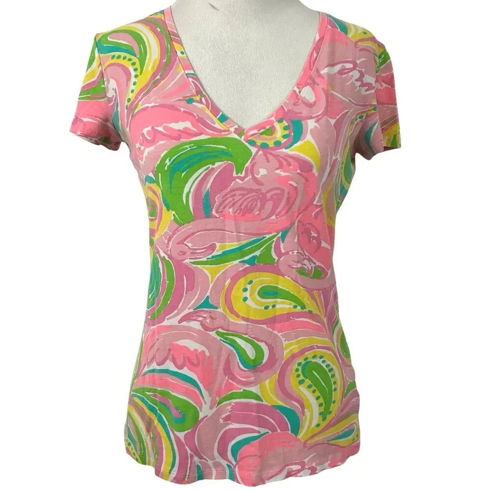 Lilly Pulitzer Pink Print V Neck Tee XXS Preppy Coastal Summer Top - Picture 1 of 5